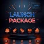 Outview Launch — Website Build package, futuristic 3D graphic with icons for website build, domain, hosting, SEO, and responsive design