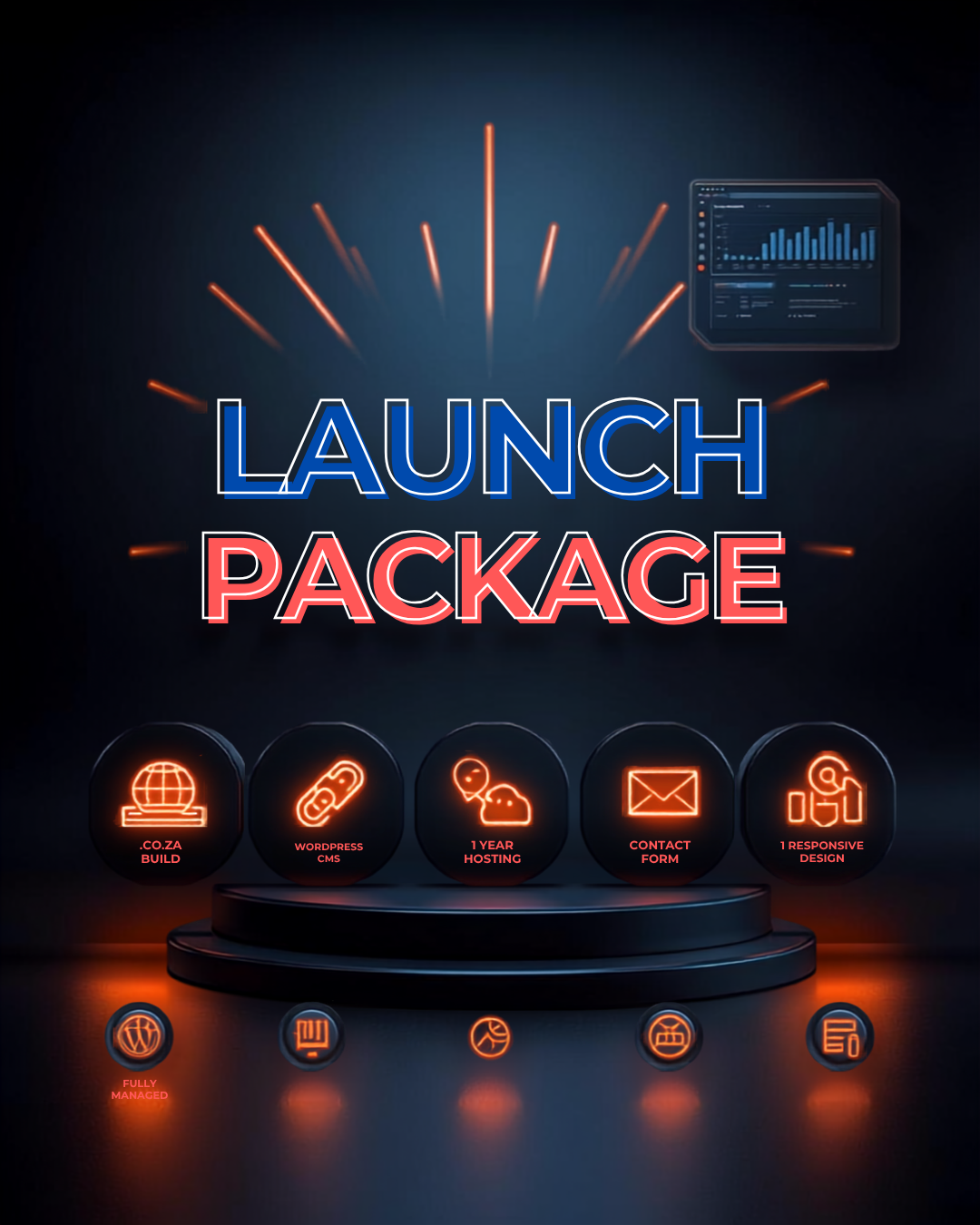 Outview Launch — Website Build package, futuristic 3D graphic with icons for website build, domain, hosting, SEO, and responsive design