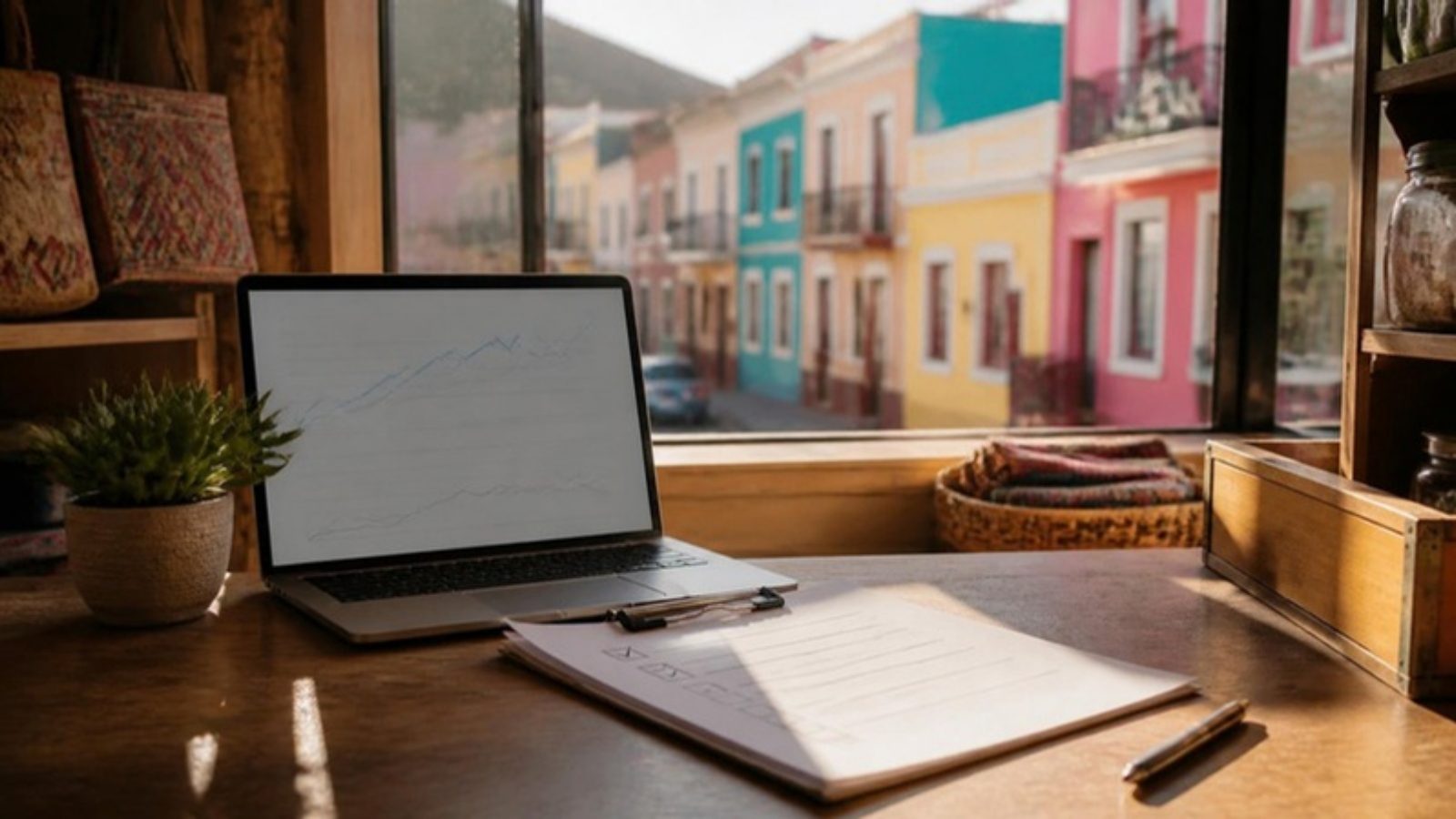 Small shop counter in Cape Town with a laptop and a ticked 30-day checklist, Bo-Kaap houses visible through the window