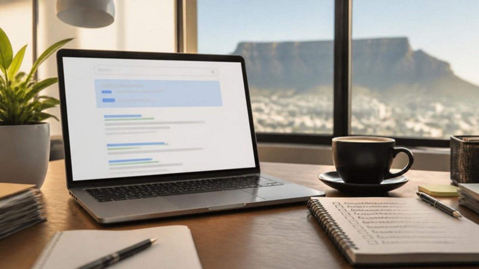 Business owner's desk in a Cape Town office with Table Mountain outside, a laptop showing search results, a checklist notebook and coffee